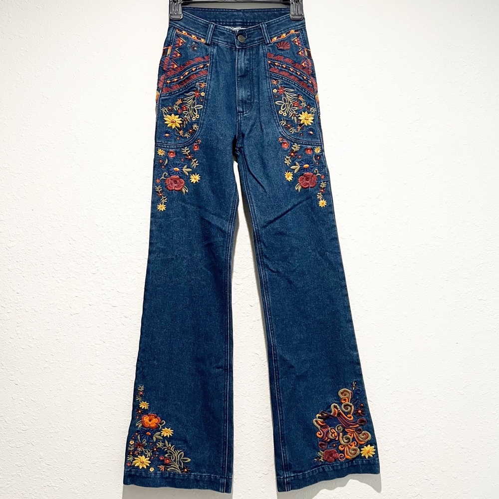 Spell & The Gypsy Boho Wanderlust Flare Jeans Embroidered Denim XS Extra Small - Picture 2 of 10